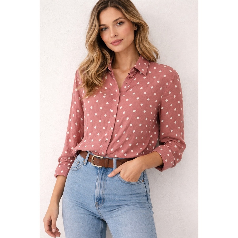 Zara Womens Shirt Blouse XS Pink White Polka Dot Long Sleeve Button‎ 8026/575